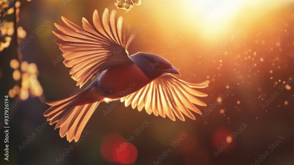 Poster close-up of a bird in flight, with detailed feathers and motion blur against a sunset backdrop