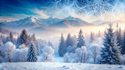 Delicate frosty pattern overlays a serene winter landscape, adding a touch of magic to the snow-covered trees and misty mountains in the background.