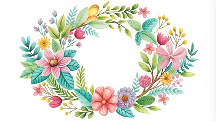 Delicate, hand-drawn wreath design featuring intertwined flowers, foliage, and whimsical elements in a mix of bold and pastel colors, perfect for spring and summer themes.