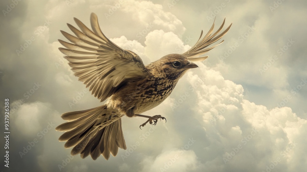 Poster close-up of a bird in mid-air, with detailed wing patterns and a backdrop of clouds