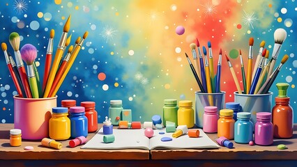 A vibrant tableau of artistic tools awaits the artist's touch. 814