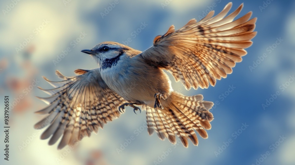 Poster close-up of a bird in mid-air, with detailed wing patterns and a backdrop of clouds