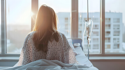 
A woman sitting on a hospital bed facing a window with an IV drip attached