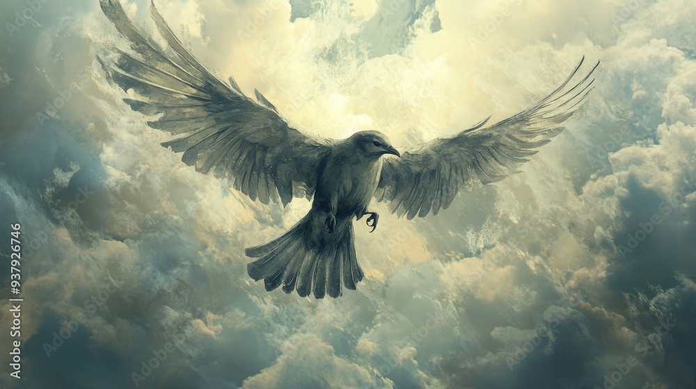 Poster close-up of a bird in mid-air, with detailed wing patterns and a backdrop of clouds