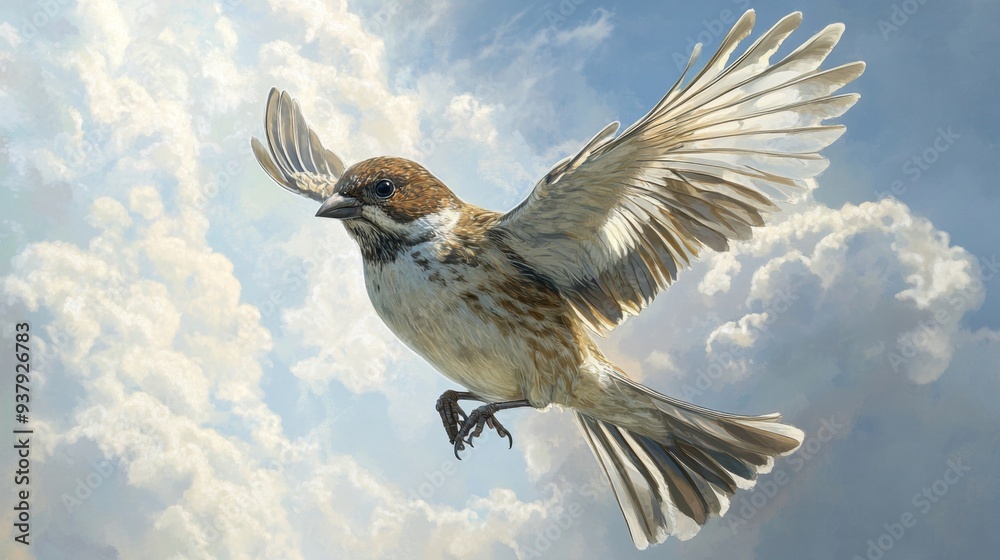 Poster close-up of a bird in mid-air, with detailed wing patterns and a backdrop of clouds