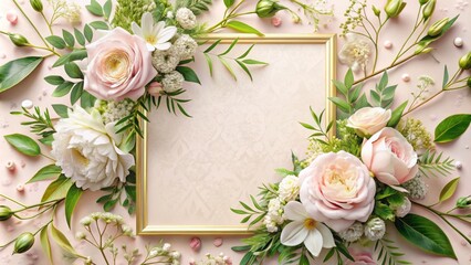 Delicate white floral pattern adorns a soft pink invitation card, surrounded by lush greenery and subtle golden accents, evoking elegance and sophistication.