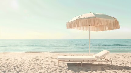 Fototapeta premium beach umbrella with fringes stands on the white sand of an empty ocean shore, lounge chair made from light wood and white fabric, scene relax atmosphere, vibes reminiscent of travel brochure