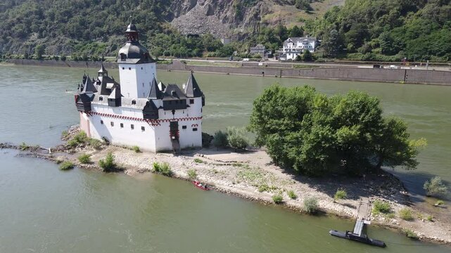 Drone view at Pfalzgrafenstein water fort on river Rhine at Kaub in Germany