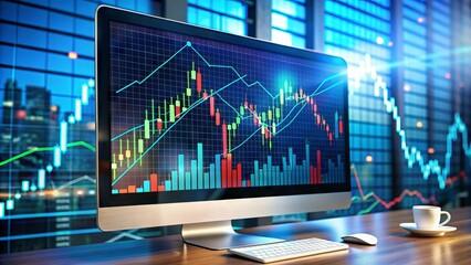 Digital graph displaying market fluctuations and trends on a computer screen, representing financial exchange and trade, with blocks and charts in the background.