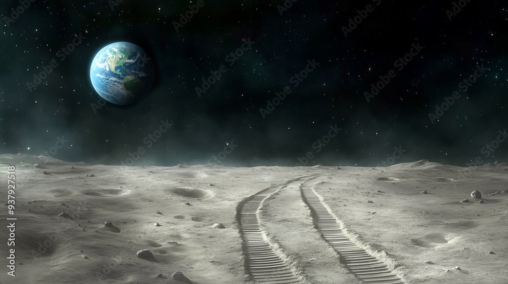 Canvas Prints tracks left by a rover on the moon's surface with earth visible in the starry sky, copy space