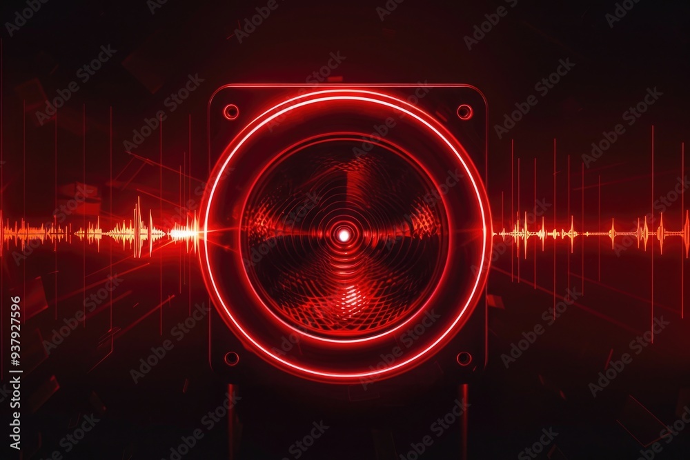 Poster a conference speaker stands in front of an audience, holding a microphone with a bright red light sh