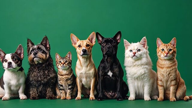Pawsitive Posing: A charming lineup of cats and dogs strike a pose on a vibrant green backdrop.