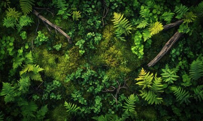 A lush green forest with moss and ferns