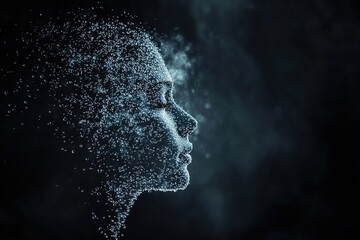 Digital face profile made of particles in blue tones