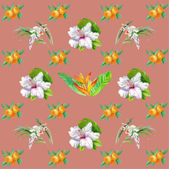 Hawaiian Watercolor Vector Flowers Seamless Pattern. Summer Fabric Watercolor Flowers Vector Pattern. Jungle Botanical Texture. Retro Seamless Floral Background. Hand Painted Tropic Clothes Design.
