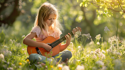 
A young girl sitting in a meadow playing a small guitar with a serene expression