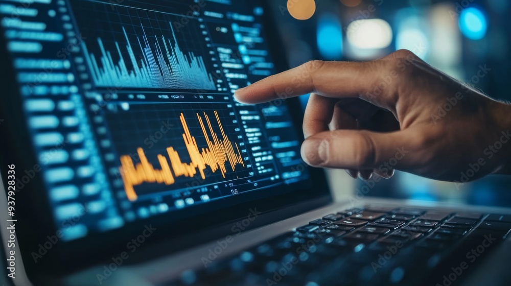 Leinwandbilder close-up of a business analys hand pointing to a financial graph with fluctuating data on a laptop s