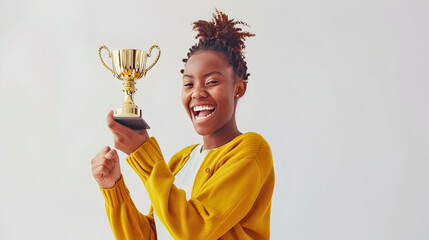 A young woman holding a golden trophy