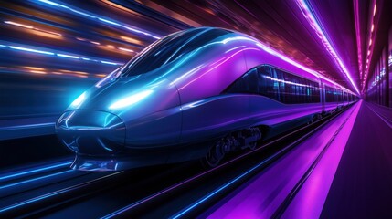 A train is moving through a tunnel with neon lights. The train is very long and sleek, and the lights are bright and colorful. Scene is energetic and exciting