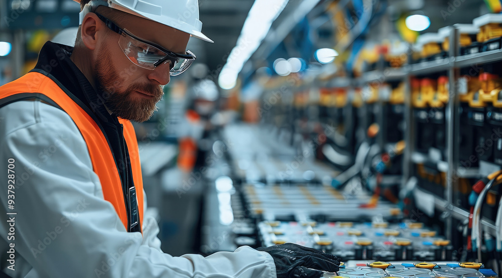 Poster engineer working in a ev battery manufacturing company. generative ai.