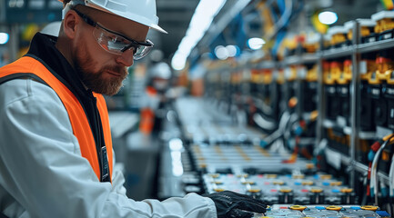 Engineer working in a EV Battery manufacturing company. Generative AI.