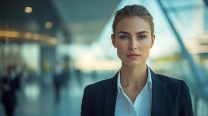 Close-up of a businesswoman with a determined expression, dressed in formal business wear and standing against a modern office background