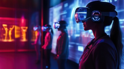 A woman wearing a virtual reality headset stands in front of a wall of screens. She is the only person in the room