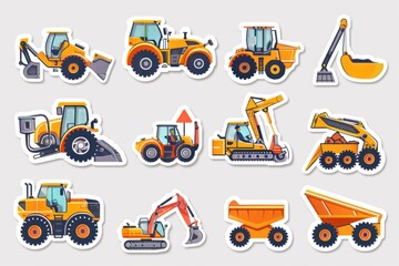 Set of colorful stickers featuring construction vehicles on a white background, ideal for illustrations and designs