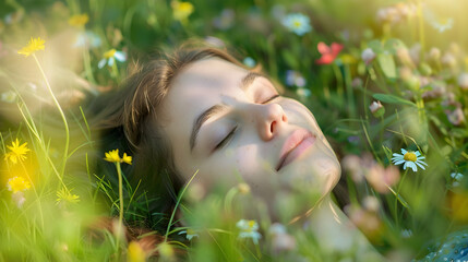 A young woman lying in a field of wildflowers enjoying a sunny day outdoors