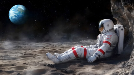 Astronaut resting against a rock on the moon, gazing at Earth under a starry sky