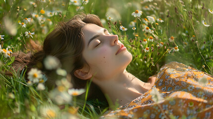 A young woman lying in a field of wildflowers enjoying a sunny day outdoors