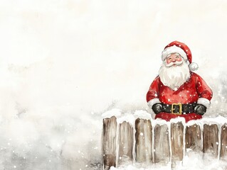 Vintage Santa Claus figurine, whimsical watercolor backdrop, snow-dusted fence, inviting space for festive messages or holiday greetings.