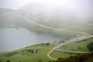 fog over the Covadonga lakes, Picos de Europa, Asturias, Spain