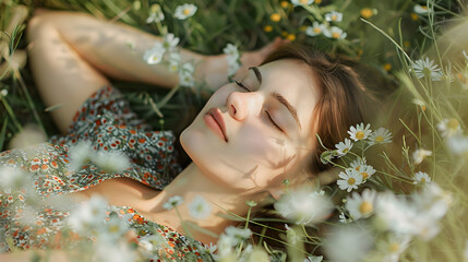 A young woman lying in a field of wildflowers enjoying a sunny day outdoors