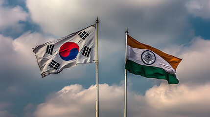 
Flags of South Korea and India waving side by side against a cloudy sky