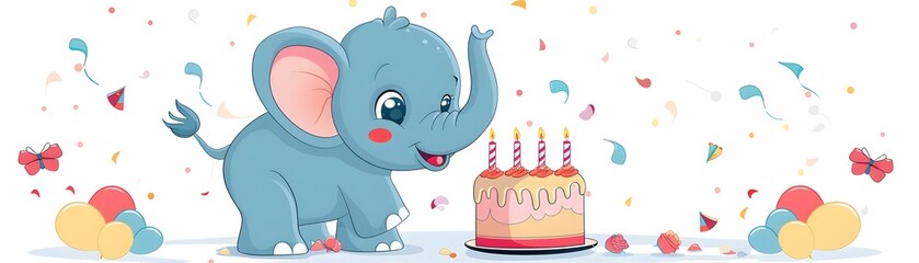 Naklejka premium Adorable Cartoon Elephant with Birthday Cake Celebrating on White Background