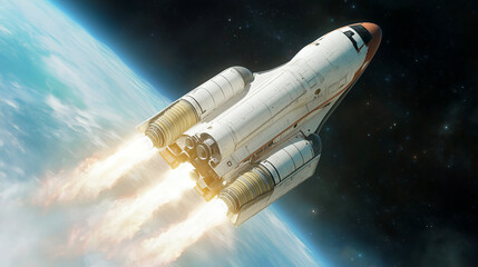 Space shuttle launching into space above Earth, with engines ablaze and Earth’s horizon visible