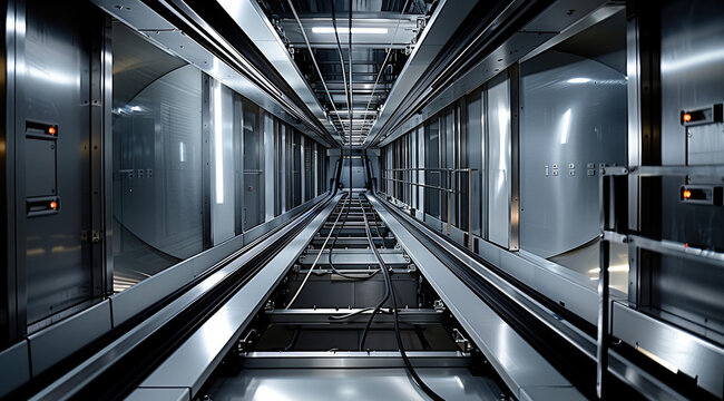 Looking down the elevator shaft, see the elevator car and the cables. Generative AI.