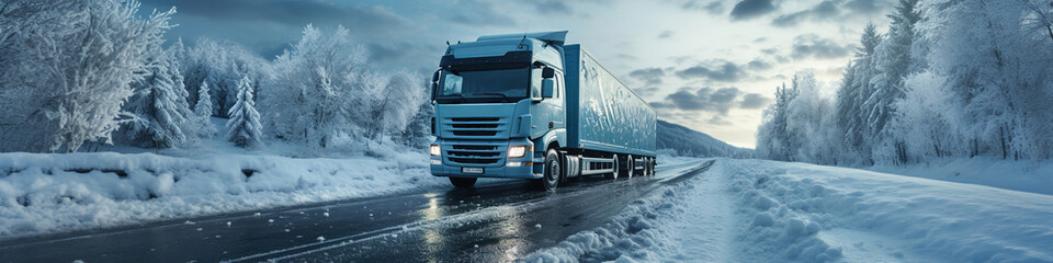 A large truck driving down a snow covered road during the winter. Panoramic image.