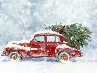 Vintage car adorned with a Christmas tree on the roof, blanketed in snow, beautifully rendered in watercolor, inviting festive warmth and seasonal cheer.