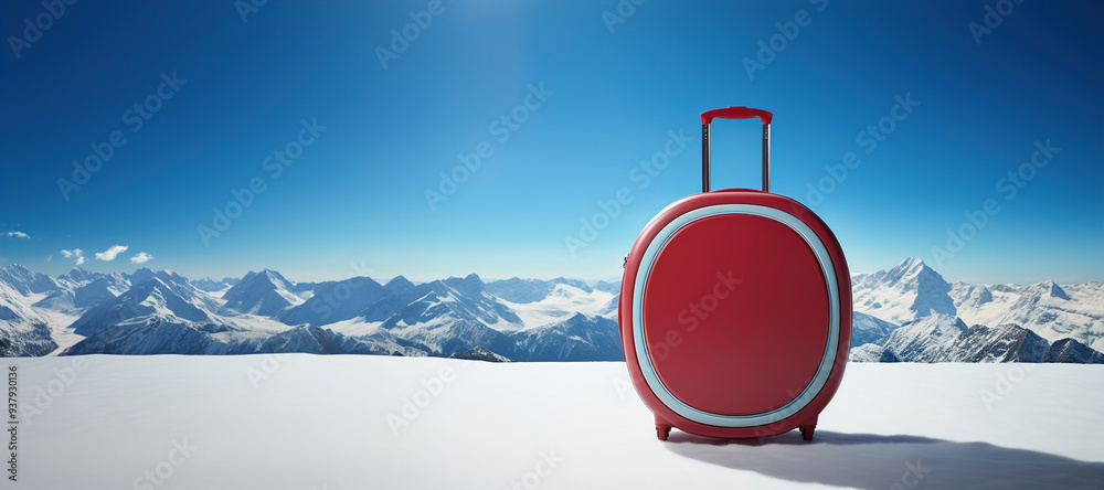 Wall mural A red suitcase sitting on top of a snow covered field. Mountains and trees on winter background.