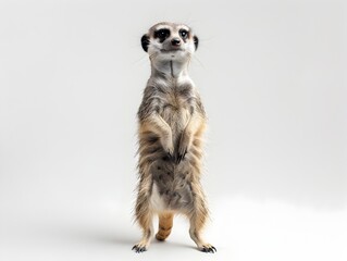 Curious Meerkat Standing on Hind Legs Alert and Watchful on White Background
