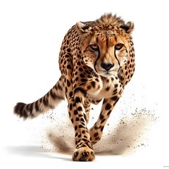 Obraz premium Sleek Cheetah Sprinting with Focused Eyes on White Background