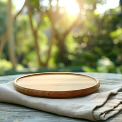 Obraz premium Empty wooden plate on table with blurred green garden background, for product display montage on natural linen cloth napkin in front of blurred park or forest landscape.