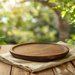 Obraz premium Empty wooden plate on table with blurred green garden background, for product display montage on natural linen cloth napkin in front of blurred park or forest landscape.