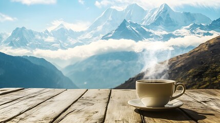 Cup of coffee with mountain view.