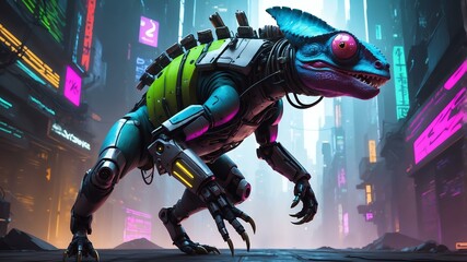 cyberpunk action chameleon animal weaponize background