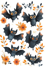 Cartoon Bats,  A delightful set of cartoon bats decorated with vibrant flowers, ideal for Halloween-themed crafts and decorations