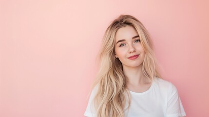 Fototapeta premium A smiling fashion model with blonde hair isolated on a soft pastel background with copy space. Blonde hair care products banner template