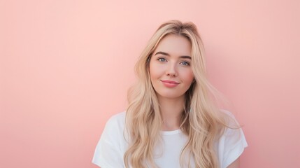 Naklejka premium A smiling fashion model with blonde hair isolated on a soft pastel background with copy space. Blonde hair care products banner template